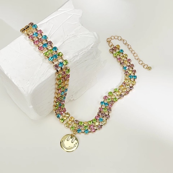 Zara Rainbow Rhinestone Smiley Charm Choker Necklaces + Chain - Picture 9 of 14